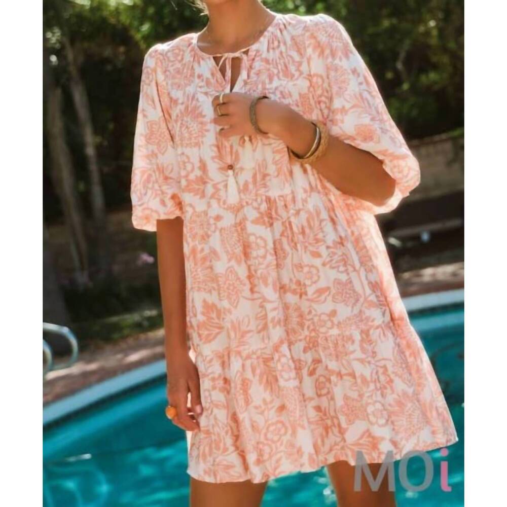 NEW ODDI boho printed baby doll mini dress in peach wave